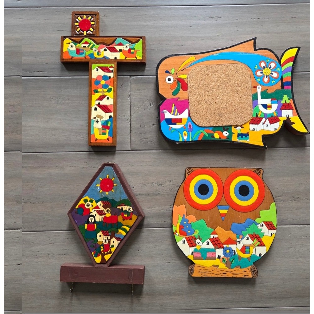 Vintage La Palma Folk Art Wood Lot El Salvador Guatemala Owl Fish Cross 4pc